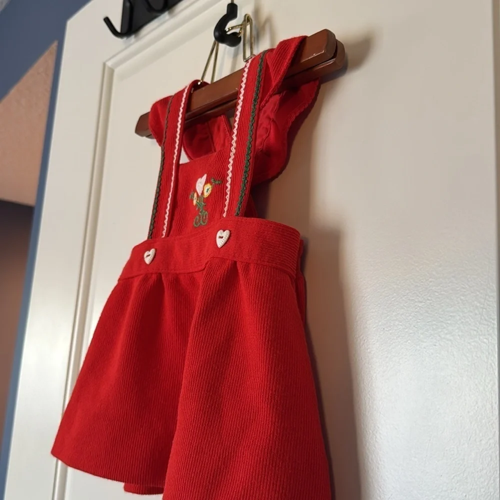 VTG 12m Carters red white heart green stitching baby overall holiday Christmas